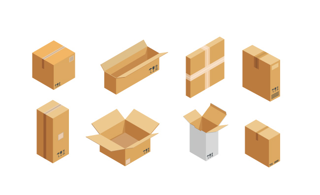 打开的包裹包装送货箱包装盒纸箱木箱商品快递包装图标集
