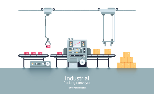 工厂输送机工业生产平面矢量图生产制造过程的工业技术输送带工业生产加工插图矢量