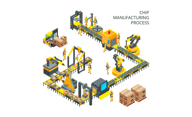 工业电子产品生产电脑配件自动化加工过程机械生产技术工厂制造机器设备智能化生产传输线插图矢量