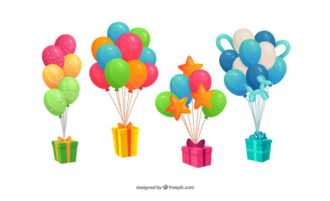 挂在五颜六色气球束上的礼物彩色气球丝带带蝴蝶结不同颜色形状盒子