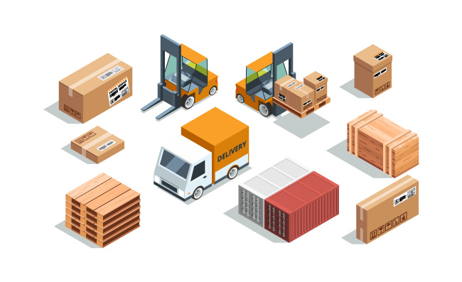 集装箱等距行业机器用于装载卸货的叉车货运不同的箱子托盘物流快递分发装运打木箱纸板箱插图