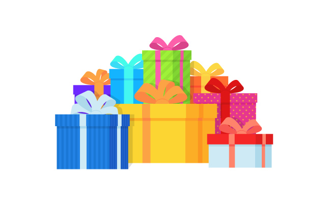 节日明亮的丝带礼物盒礼品盒彩色包裹礼物圣诞节生日礼物堆矢量