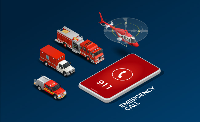 紧急救援呼叫运输直升机救护车消防车矢量图