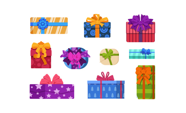 精致礼品盒包裹生日圣诞节聚会礼物五颜六色的丝带矢量庆祝活动卡通礼品盒