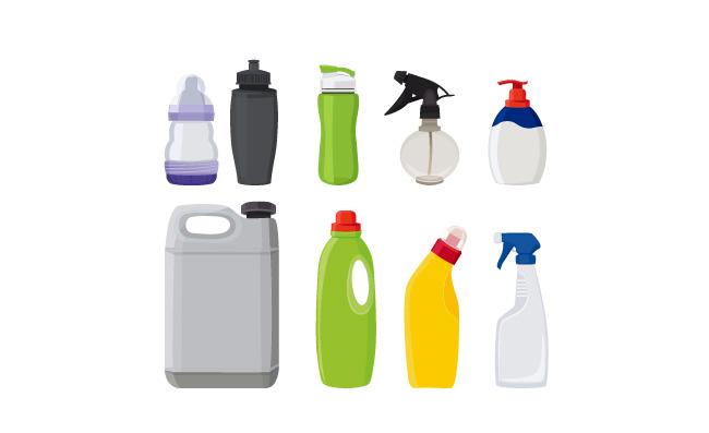 卡通风格不同类型的瓶子容器油桶奶瓶喷壶矢量图
