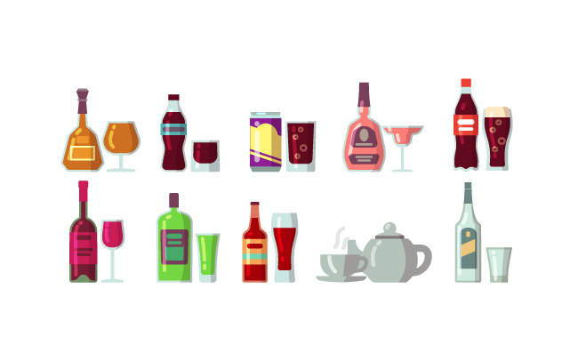 卡通鸡尾酒酒精瓶酒和玻璃瓶咖啡饮料插图矢量图标