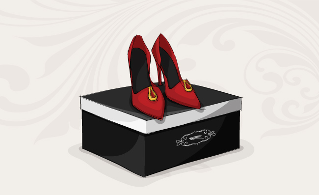 时尚女性红色高跟鞋黑色豪华礼品盒矢量图