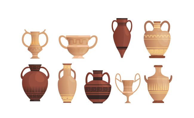 矢量卡通古色古香的瓶子古代双耳瓶黏土老古老花瓶陶壶带有图案的希腊杯容器古代安菲拉瓶