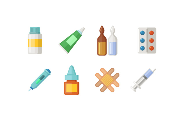 矢量药物和药片注射器和吸移管细颈瓶麻醉剂医疗药物的矢量图标