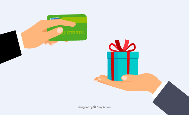 手拿信用卡和手心里的礼物递给信用卡和赠与礼物
