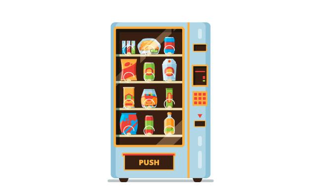 售货机视频自助机饼干垃圾食品苏打水饮料自动贩卖机矢量卡通出售快餐和饮料的自动售货机