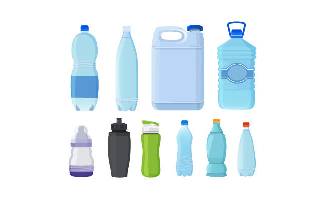 水杯水瓶不同类型的玻璃和塑料瓶透明容器矢量素材