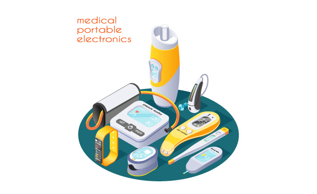 医疗便携式电子设备血糖仪血压监测仪温度计皮肤测试仪数字设备矢量图