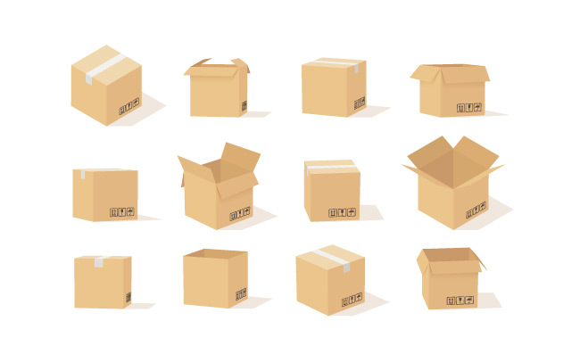 用于运输和存储的纸箱打开的米色纸板箱包装运输安全包裹矢量集