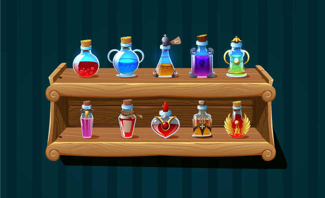 游戏用具瓶子魔法药瓶和毒药木架子矢量图