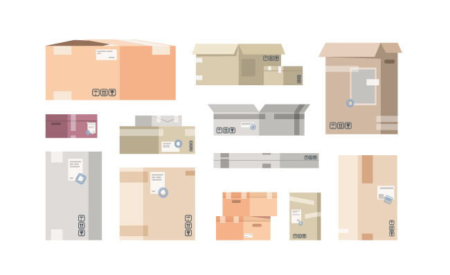 纸箱不同大小货物仓库包装3D立体货物包装矢量不同纸箱