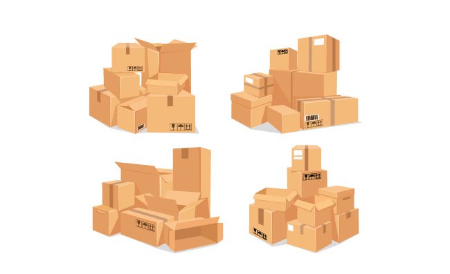 纸箱堆棕色纸板箱卡通堆积的仓库包裹包装箱矢量