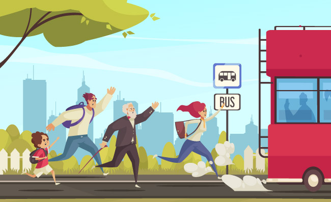 奔跑追逐公交的人城市风景背景卡通矢量插图