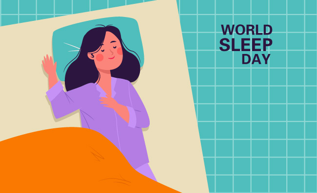 穿着紫色睡衣的女孩世界睡眠日插图女人睡觉矢量