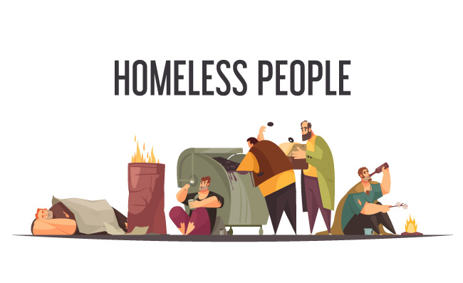 从大垃圾桶里收集食物的无家可归的人乞丐睡觉户外卡通组成矢量图