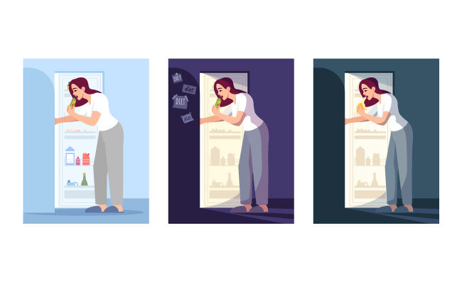 打开冰箱的卡通人物情绪低落吃宵夜的女士矢量插图