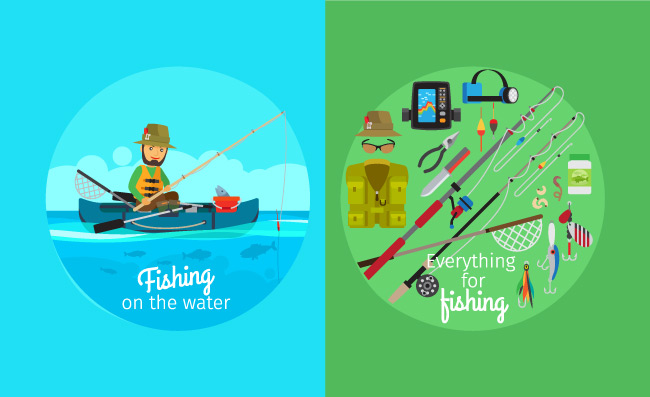 钓鱼用具小船渔夫捕鱼装置诱饵勾子钓鱼矢量