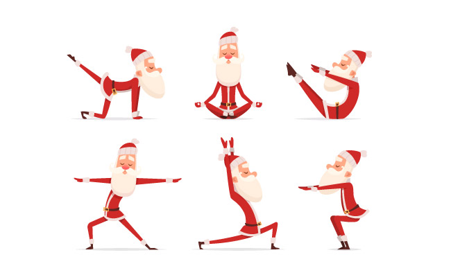 冬季可爱健康圣诞老人户外做运动瑜伽锻炼矢量