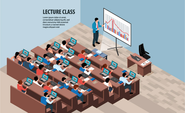 多媒体教室上课的学生阶梯教室矢量