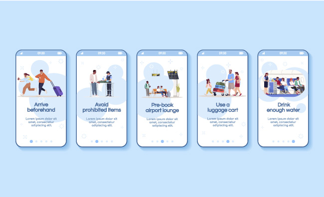 飞机旅行应用程序屏幕矢量模板机场休息室手机卡通UX,UI,GUI_图