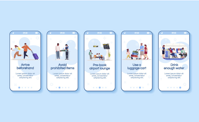 飞机旅行应用程序屏幕矢量模板机场休息室手机卡通UX，UI，GUI_图