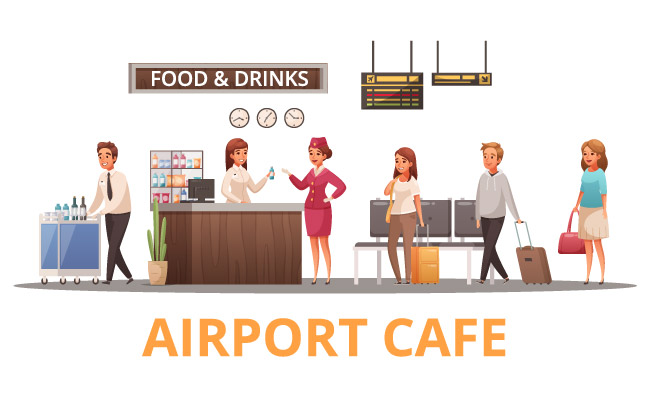 服务人员机场工作人员和乘客在咖啡馆排队卡通插图矢量