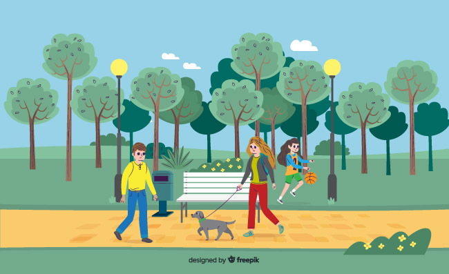 公园遛狗休闲散步人物矢量素材