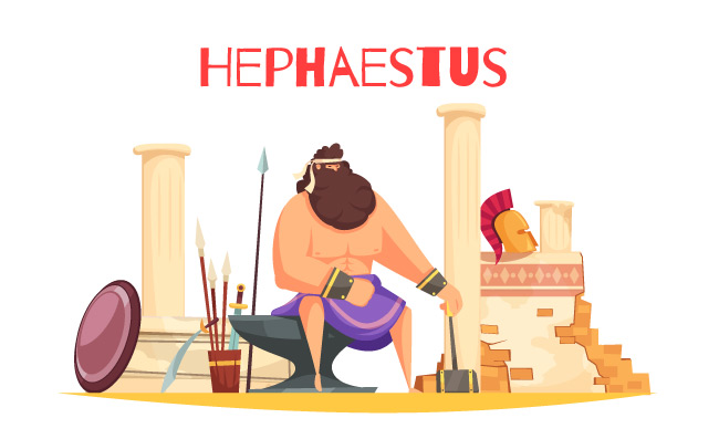 古希腊神话卡通强大的雕像赫菲斯托斯坐着拿着锤子矢量图