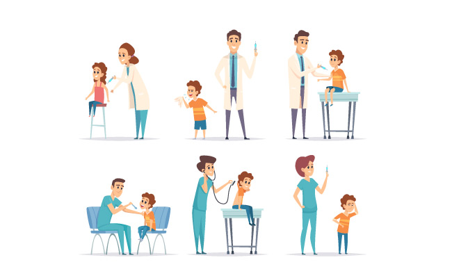 孩子们接种疫苗医生给儿童医疗保健打针矢量卡通插图注射医学免疫接种疫苗卡通插图