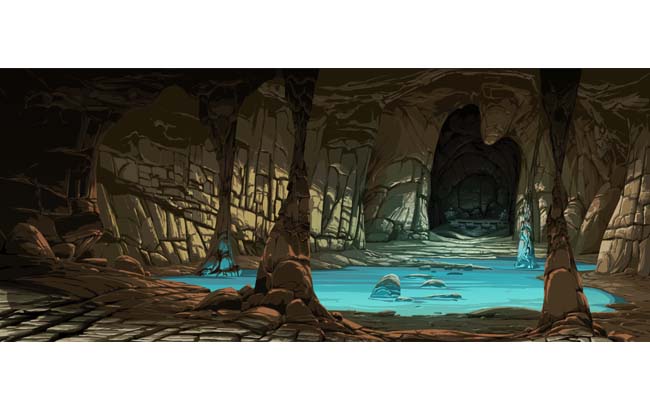 手绘山洞内景水池场景素材