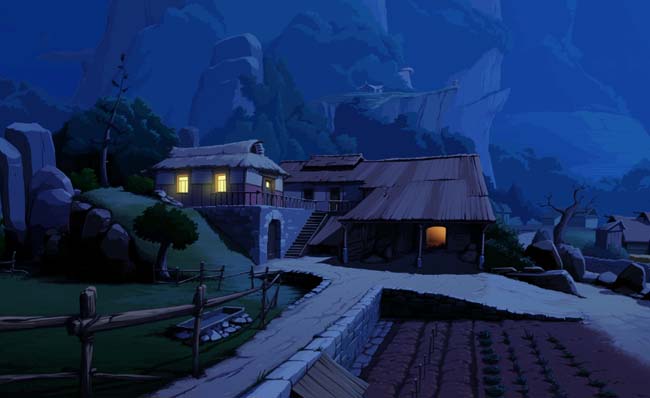 夜色里山脚下的小村庄手绘建筑背景素材
