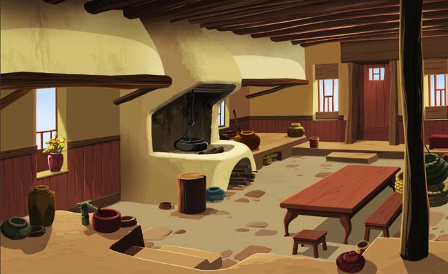 手绘动画场景乡村建筑烤面包取暖的房间素材