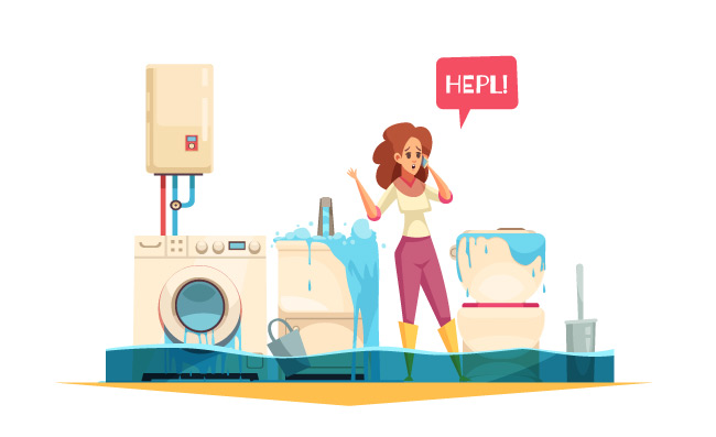 坏掉的洗衣机水槽溢水管泄漏紧急情况卡通女人打电话报故障找水管工服务矢量图