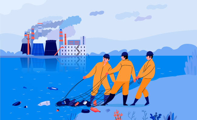 环境污染从池塘里打捞垃圾的男子矢量插图