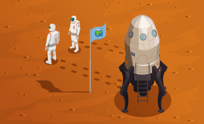 火箭火星探索与两名宇航员在太空行走星球矢量图