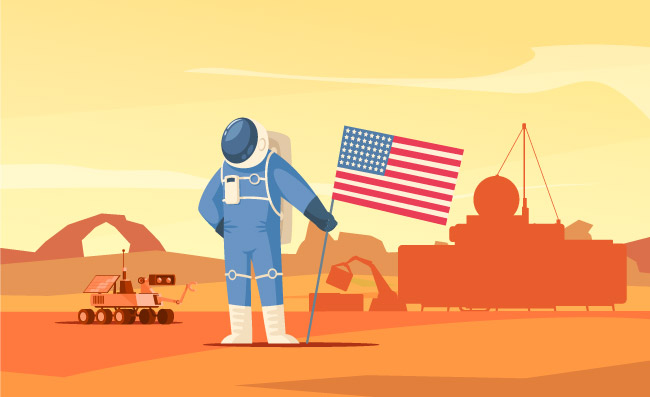 火星殖民宇航员种植国旗图流浪者在外星球探索矢量图