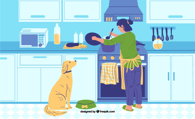 家庭厨师女人为家庭烹饪早餐或晚餐女性自制食物准备烹饪家具电子产品厨房矢量日常生活插图矢量宠物狗狗