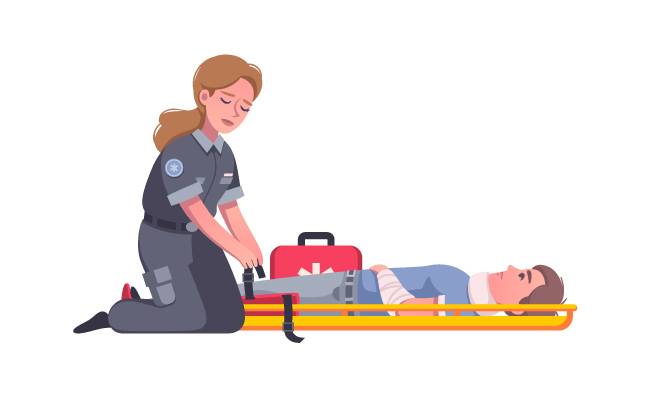 紧急情况救援急救箱女护理人员事故救援卡通受伤的人躺在担架上矢量