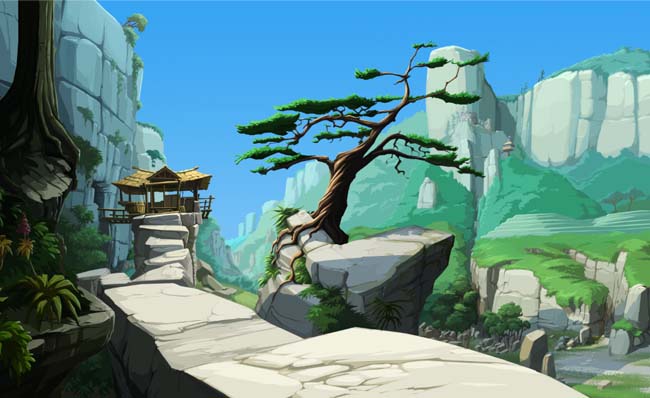 山腰旁小屋及迎客松手绘CG动画背景素材