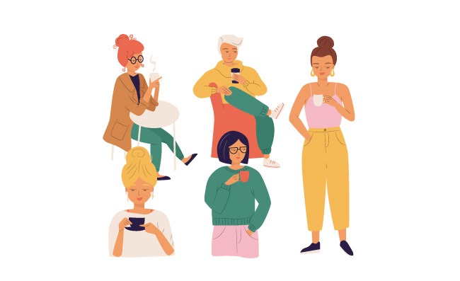 卡通插画年轻人喝咖啡男人女人坐着站着享受饮料矢量图