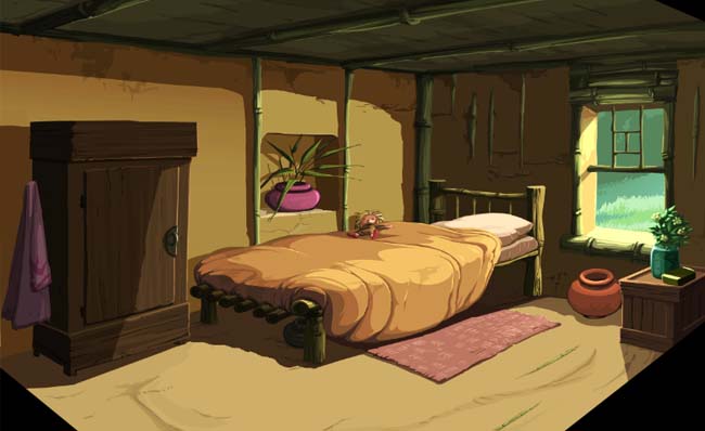土房卧室木床手绘内景动画背景素材