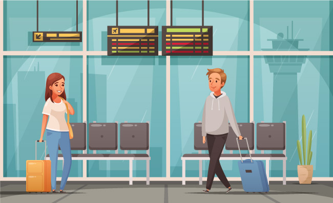 卡通候机室拉着行李箱的乘客拖着手提箱的旅客在机场候机大厅矢量图
