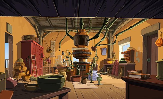 野外室内木头装置取暖设备手绘日系动画背景