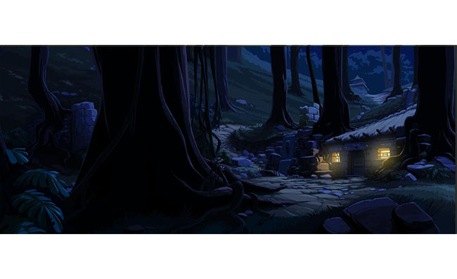 森林深处的住房夜晚灯光效果手绘动画背景