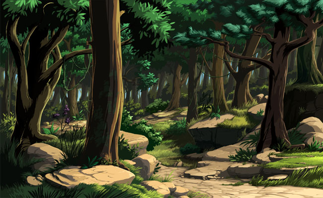 大树树林深处的山路手绘CG动画背景素材